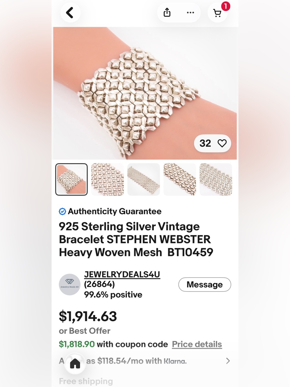 Rare 925 STEPHEN WEBSTER Vintage Solid Sterling Silver Woven Mesh Bracelet Cuff - Picture 9 of 9
